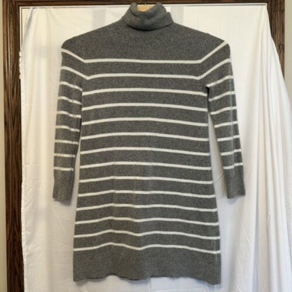 J Crew Women Size Medium Sweater Dress Gray White Striped Wool Blend Turtleneck